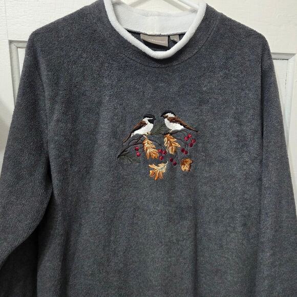 Croft & Barrow Woman's Grey Fleece Long Sleeve Sweater with Birds Design size XL - Picture 1 of 7